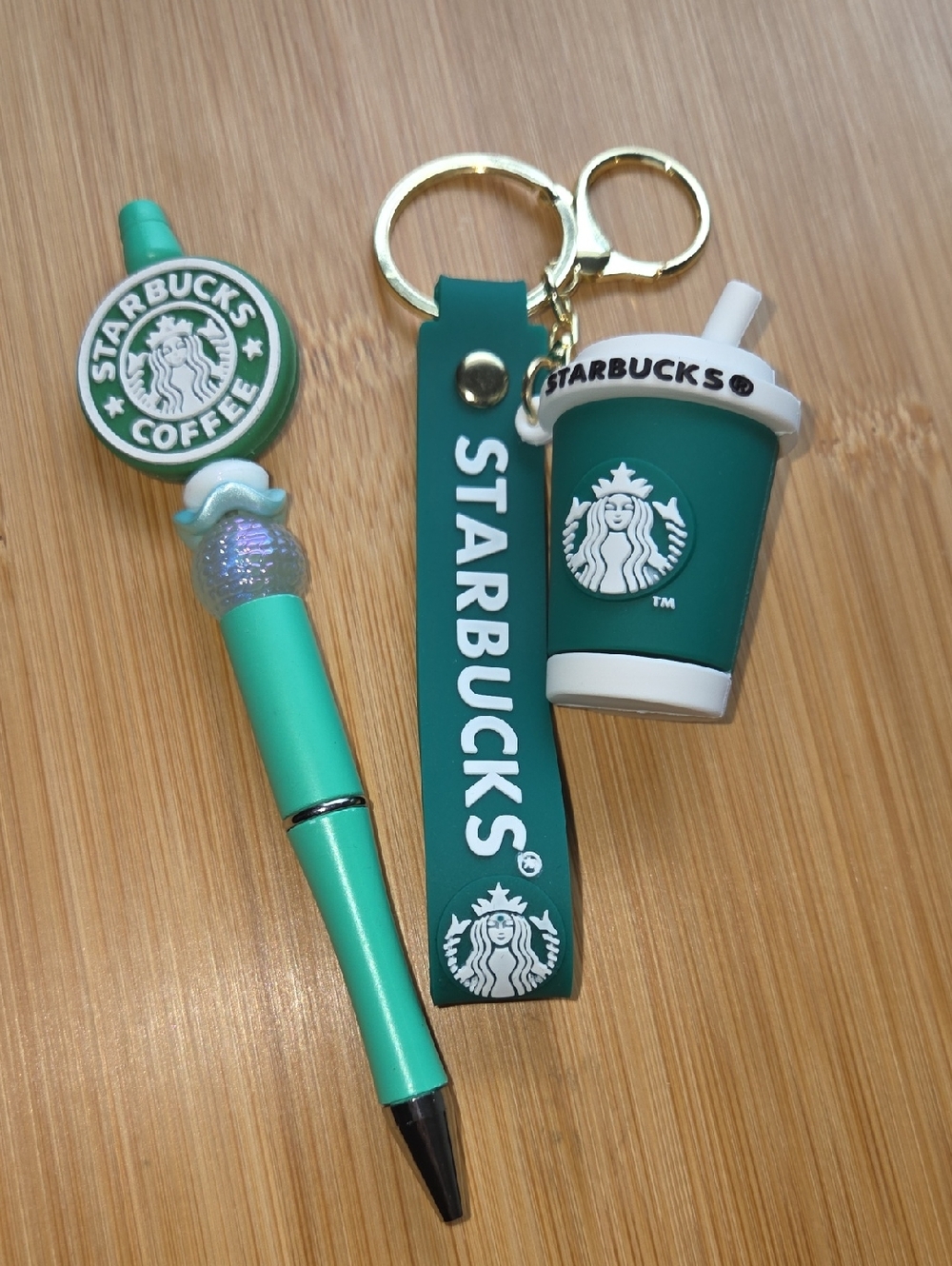 Starbucks Green Cup Keychain with a Matching Starbucks Beaded Pen